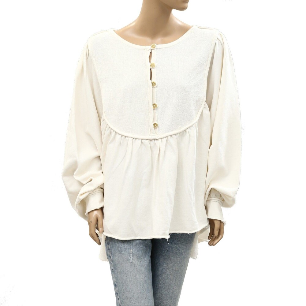 Free People About A Girl Pullover Sweatshirt Top Henley Flowy Cotton L 283055
